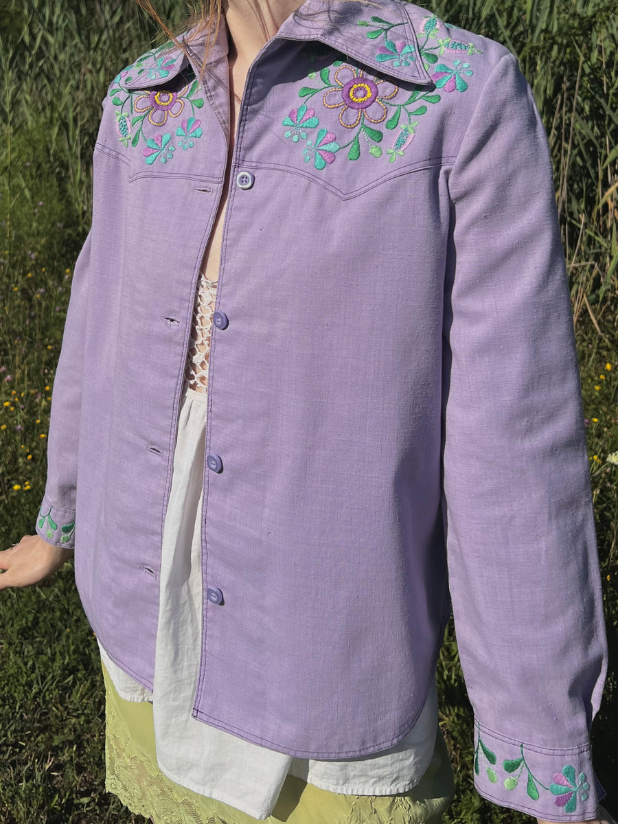 1970s Lavender Purple Floral Embroidered Cotton Shirt Jacket