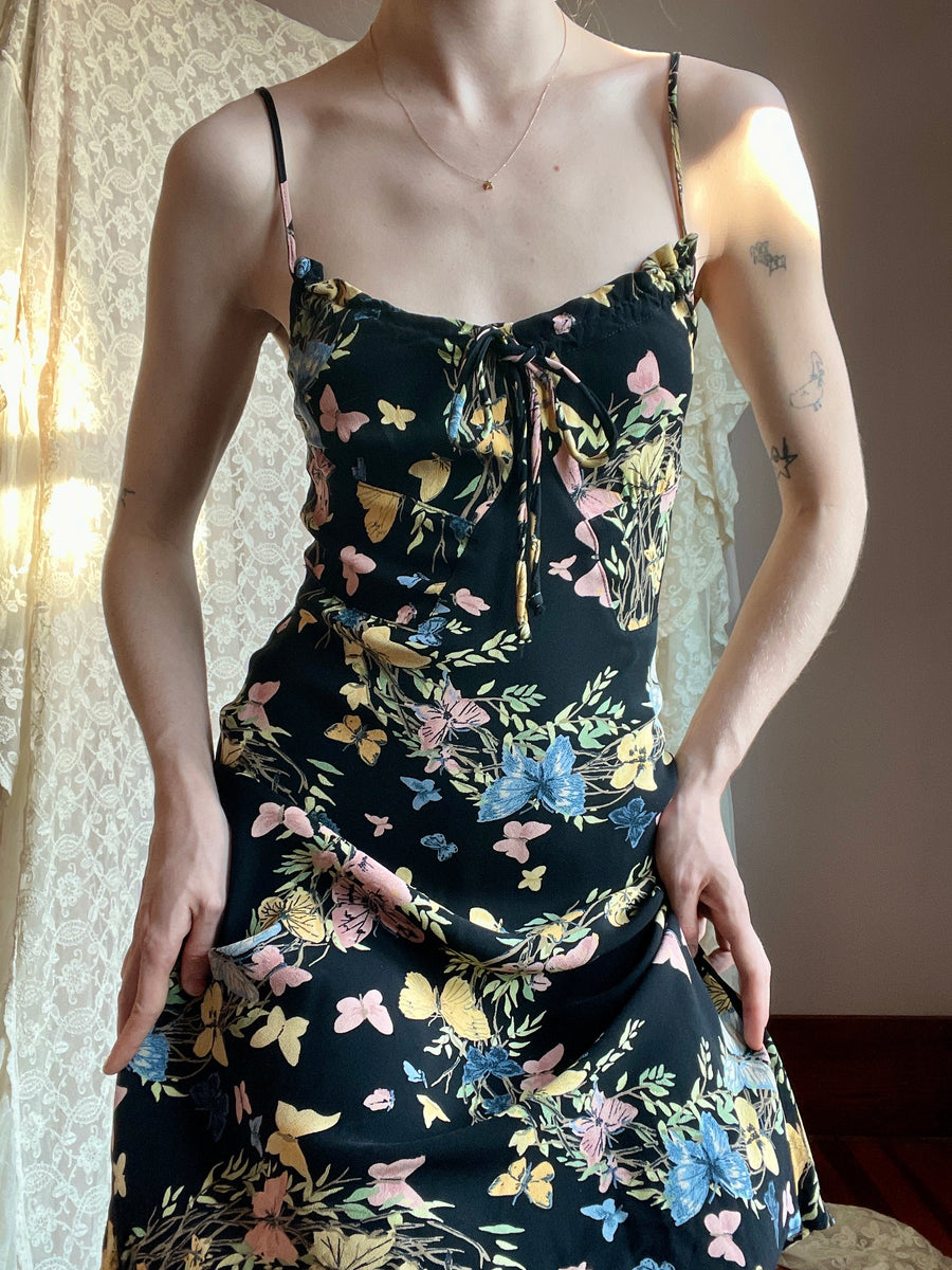 1990s Betsey Johnson Butterfly Print Rayon Crepe Black Floral Bias Cut Dress