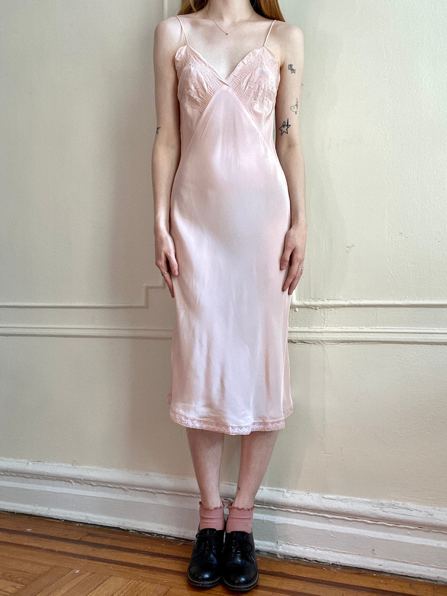 1940s Blush Pink Rayon Bias Cut Midi Slip Dress Antique Handsewn Flora Breath Of the Earth
