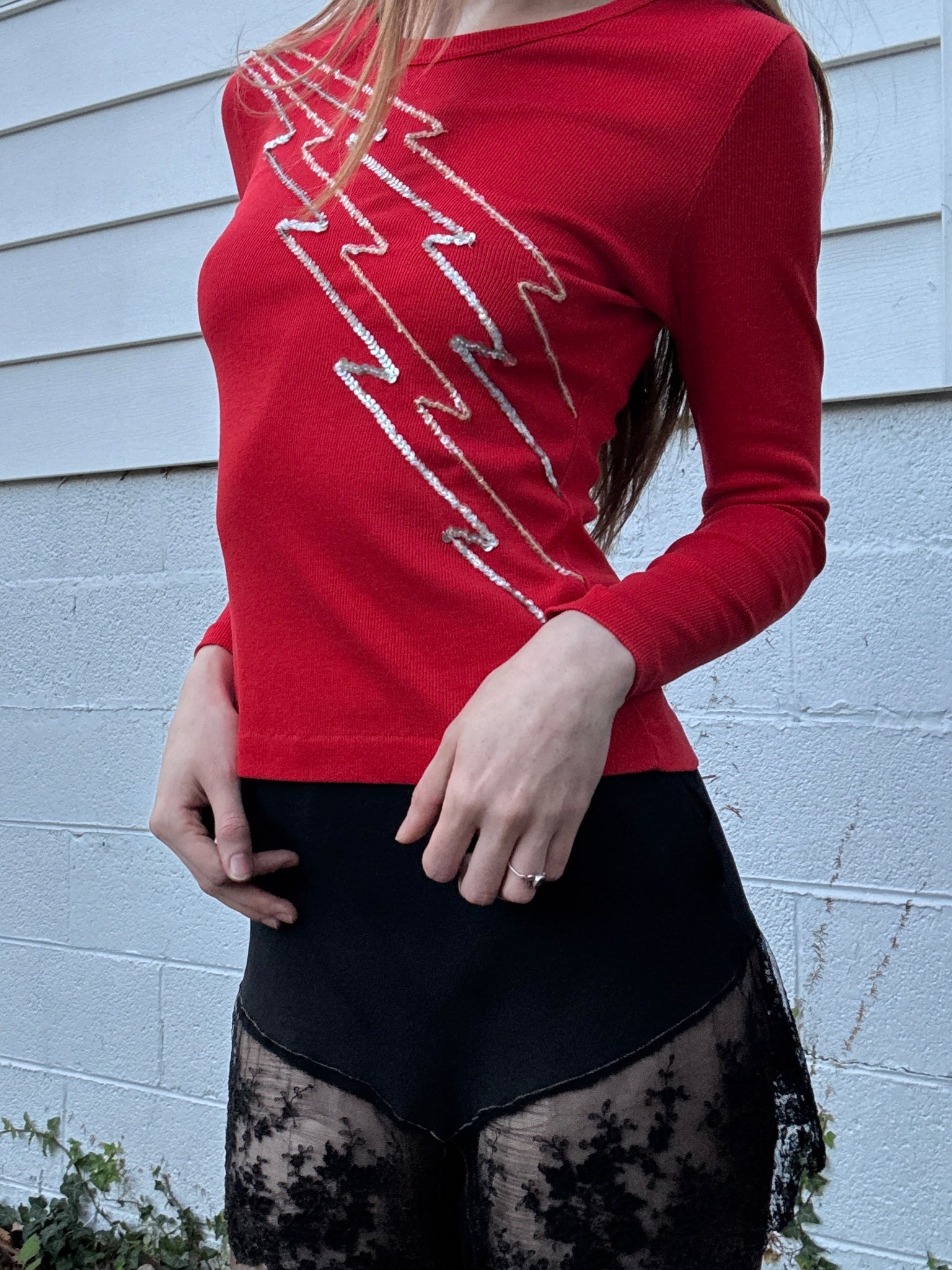 1970s Sequin Lightning Bolts Red Ribbed Tee T Shirt Long Sleeve Charlie’s Girls