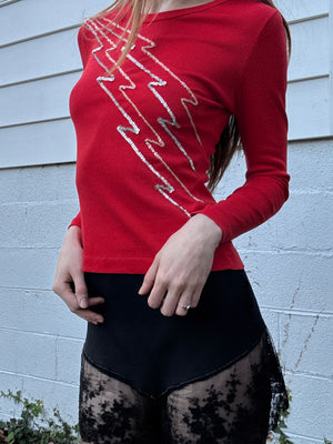 1970s Sequin Lightning Bolts Red Ribbed Tee T Shirt Long Sleeve Charlie’s Girls