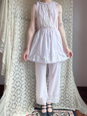 1970s Lavender Embroidered Floral Soft Cotton Pajama Top Pant Set Mini Dress