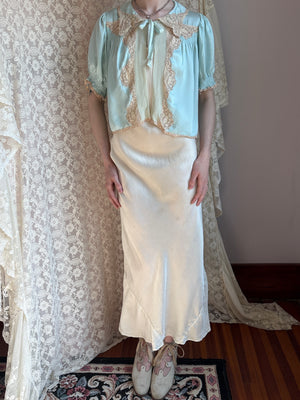 1930s Aqua Blue Silk Bed Jacket Embroidered Puff Sleeves