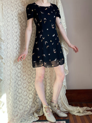 1990s Betsey Johnson Butterfly Print Black Rayon Mini Dress Breath Of the Earth 1990s Betsey Johnson Butterfly Print Black Rayon Mini Dress Breath Of the Earth