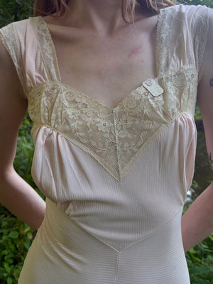1940s Light Pink Rayon Jersey Bias Cut Slip Dress Cream Lace