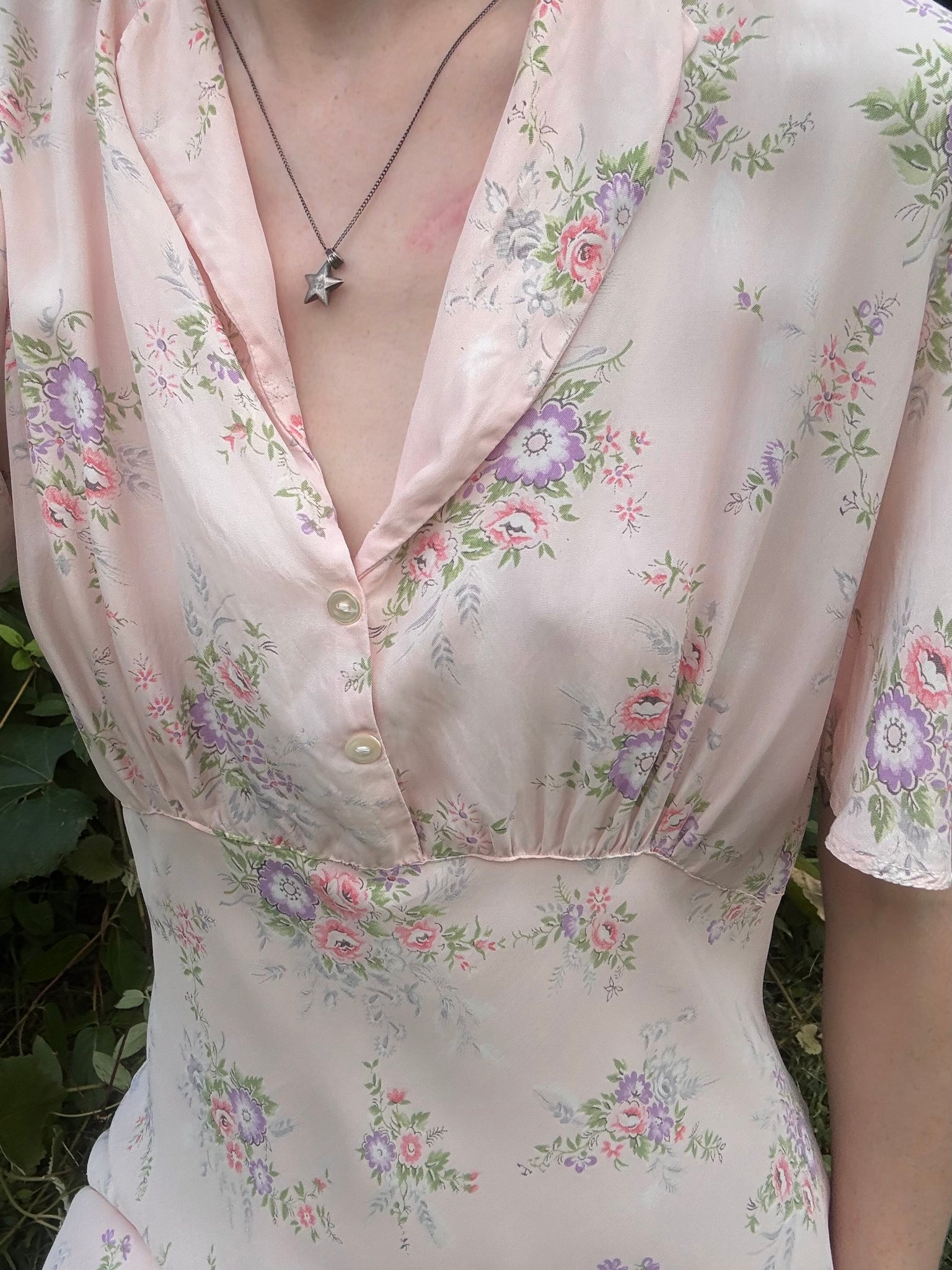 1940s Pink Rose Print Floral Bias Cut Slip Rayon Dress Short Sleeve Button