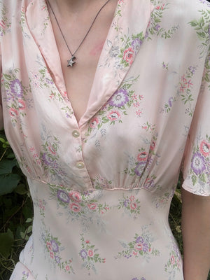 1940s Pink Rose Print Floral Bias Cut Slip Rayon Dress Short Sleeve Button
