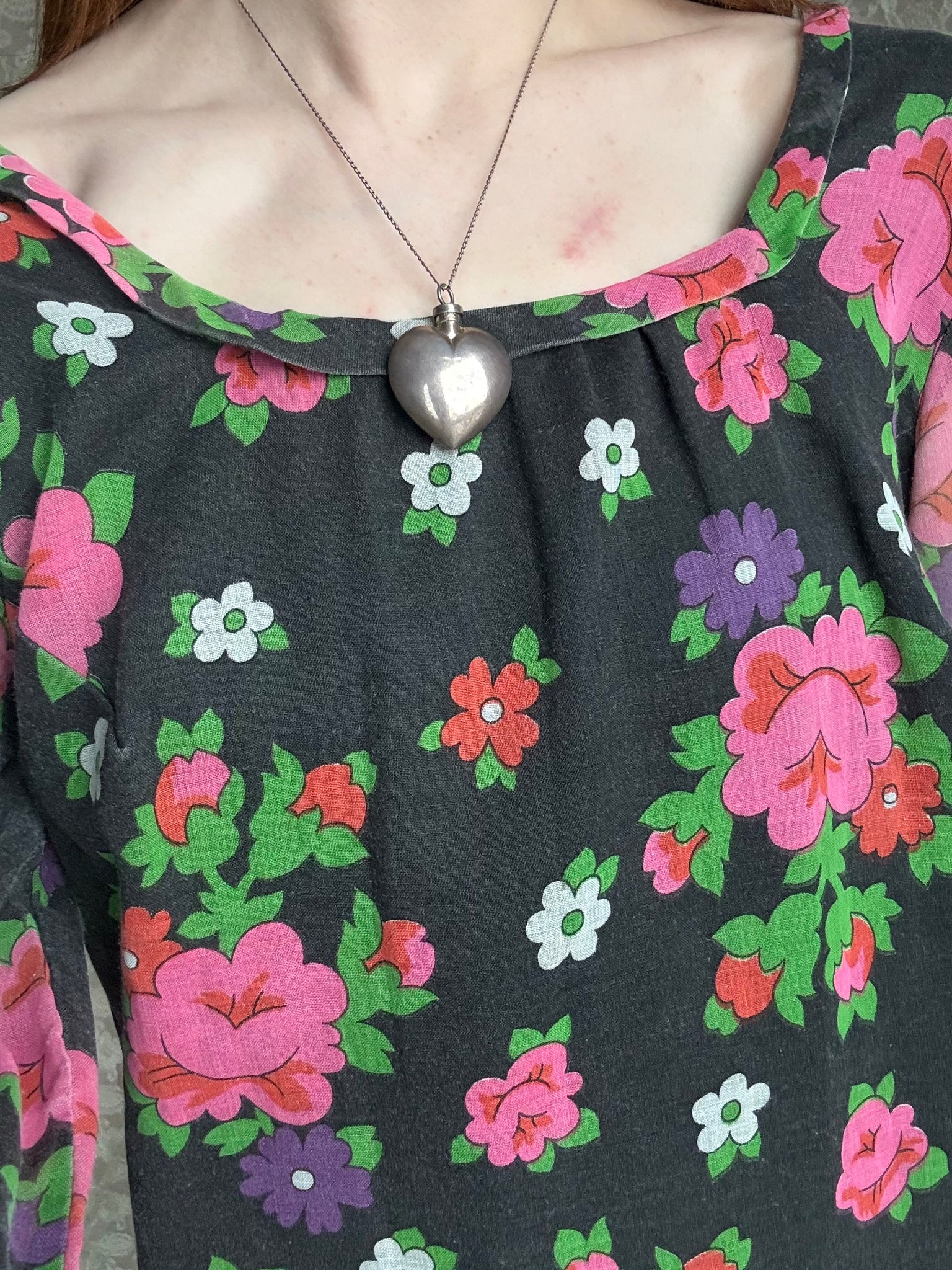 1970s Black Floral Cotton Gauze Long Sleeve Mini Dress