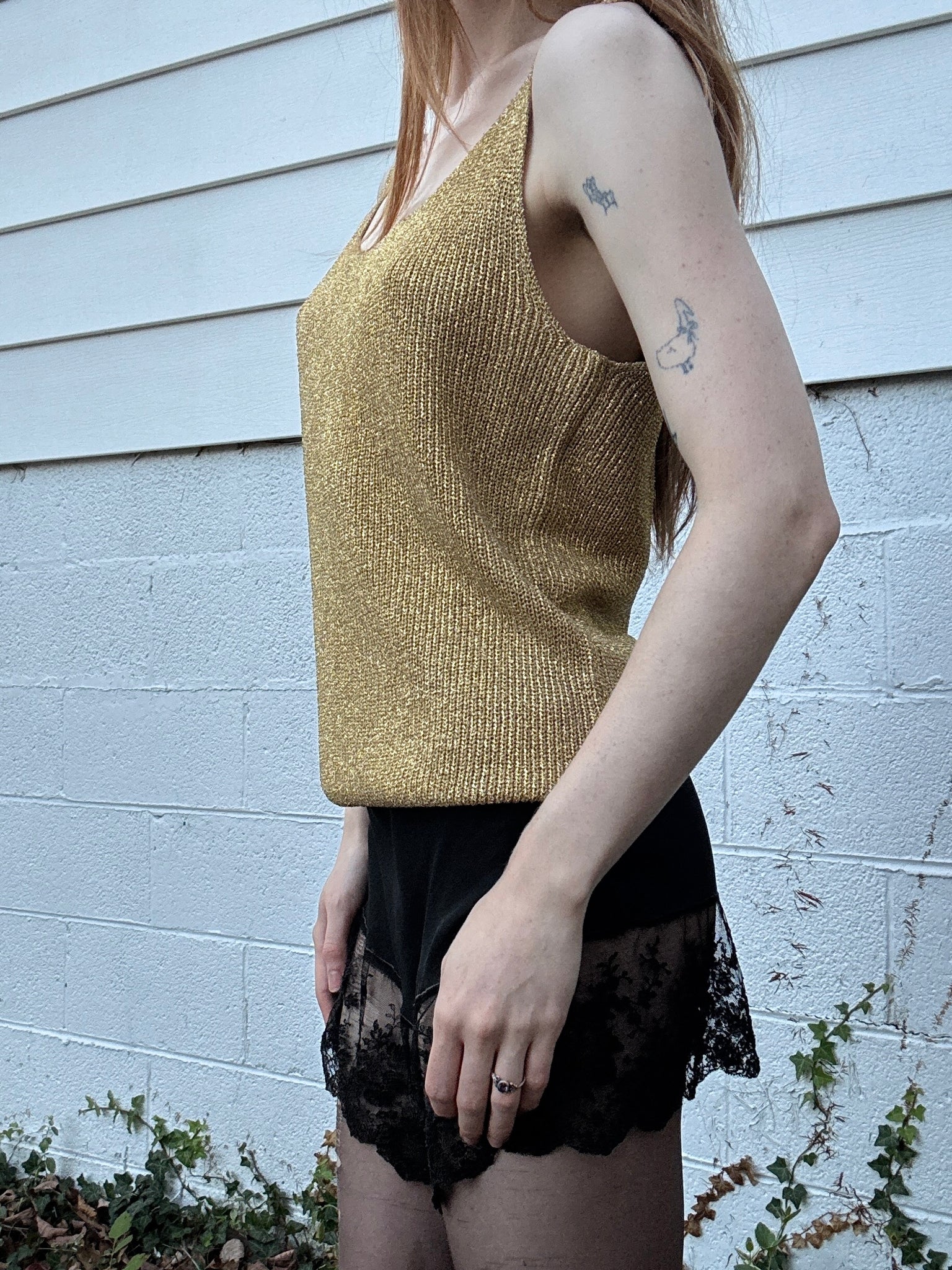 1980s Gold Glitter Sparkle Lurex Knit Sweater Tank Top
