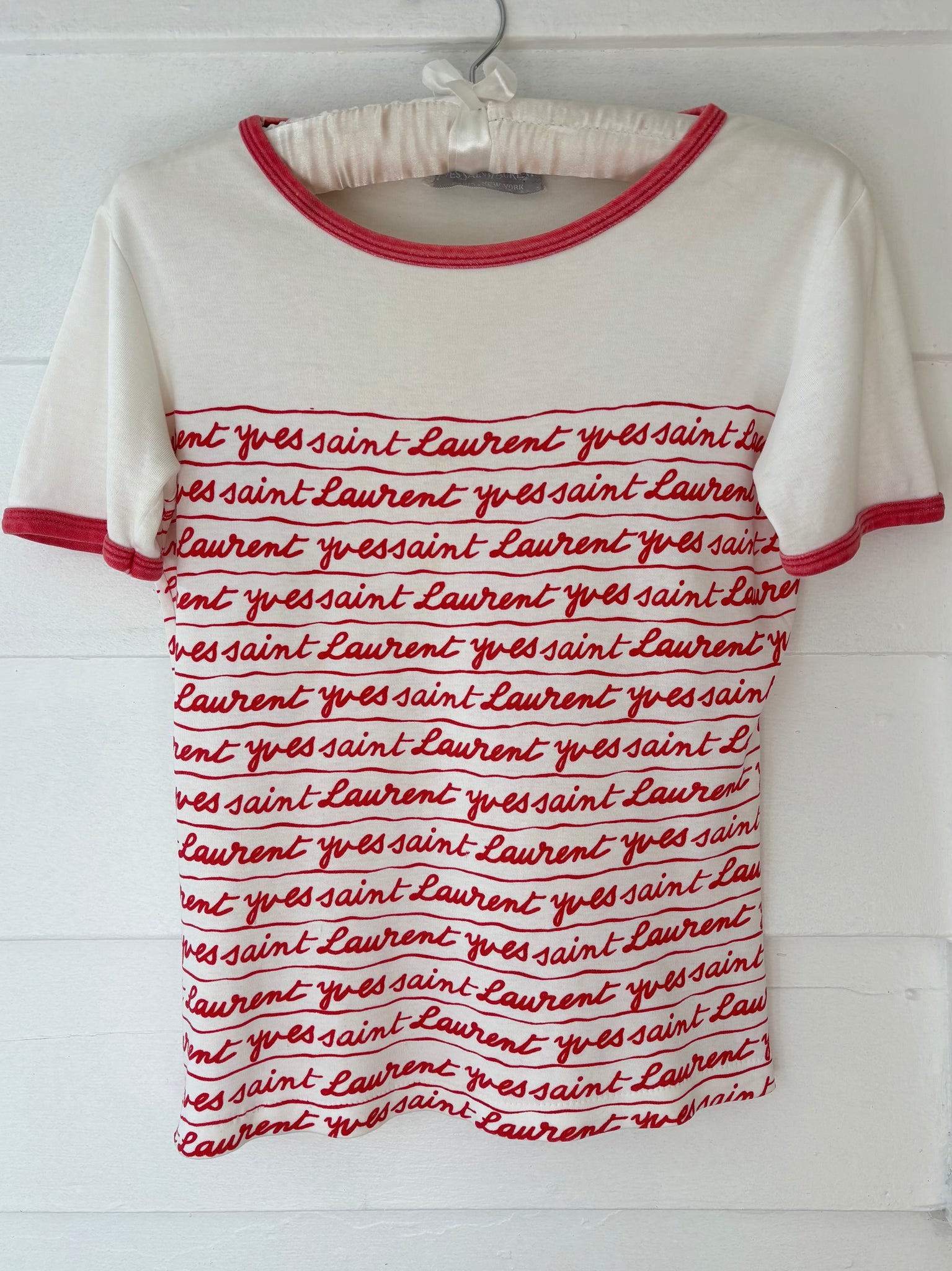 1980s Yves Saint Laurent Script Red White Ringer Tee T Shirt Short Sleeve