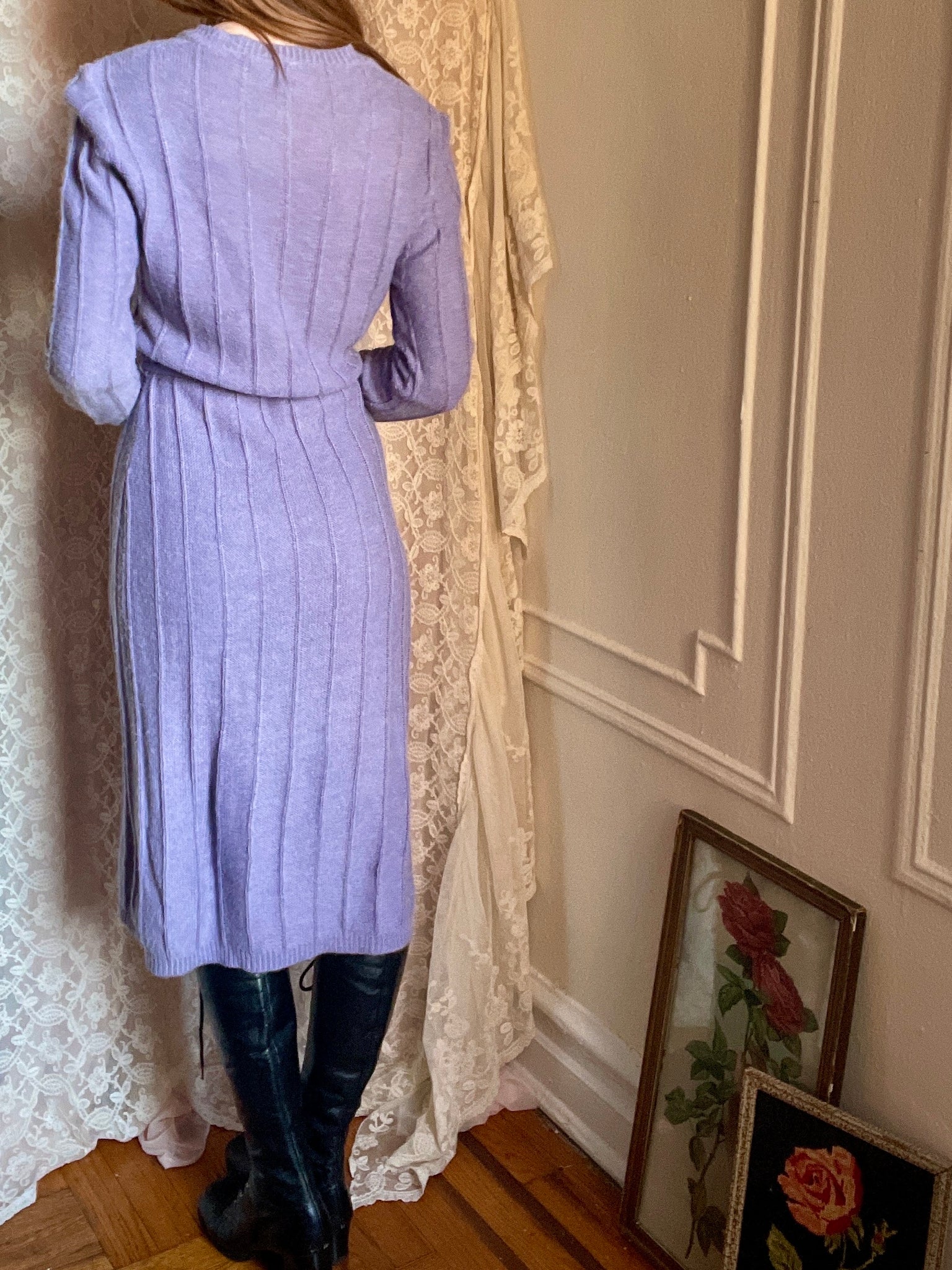 1970s Lavender Knit Sweater Dress Embroidered Floral Butterfly Breath Of the Earth 1970s Lavender Knit Sweater Dress Embroidered Floral Butterfly Breath Of the Earth