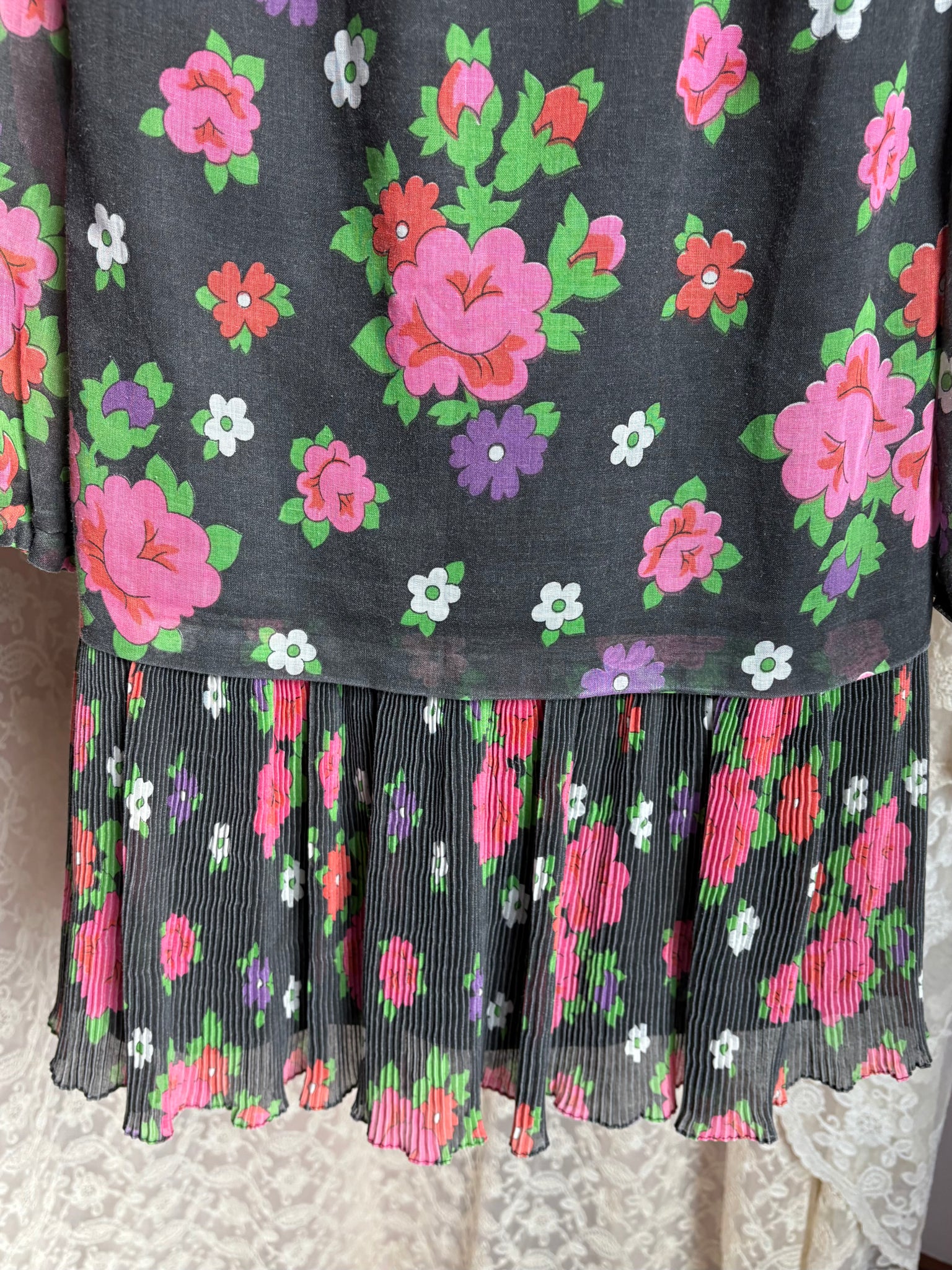1970s Black Floral Cotton Gauze Long Sleeve Mini Dress