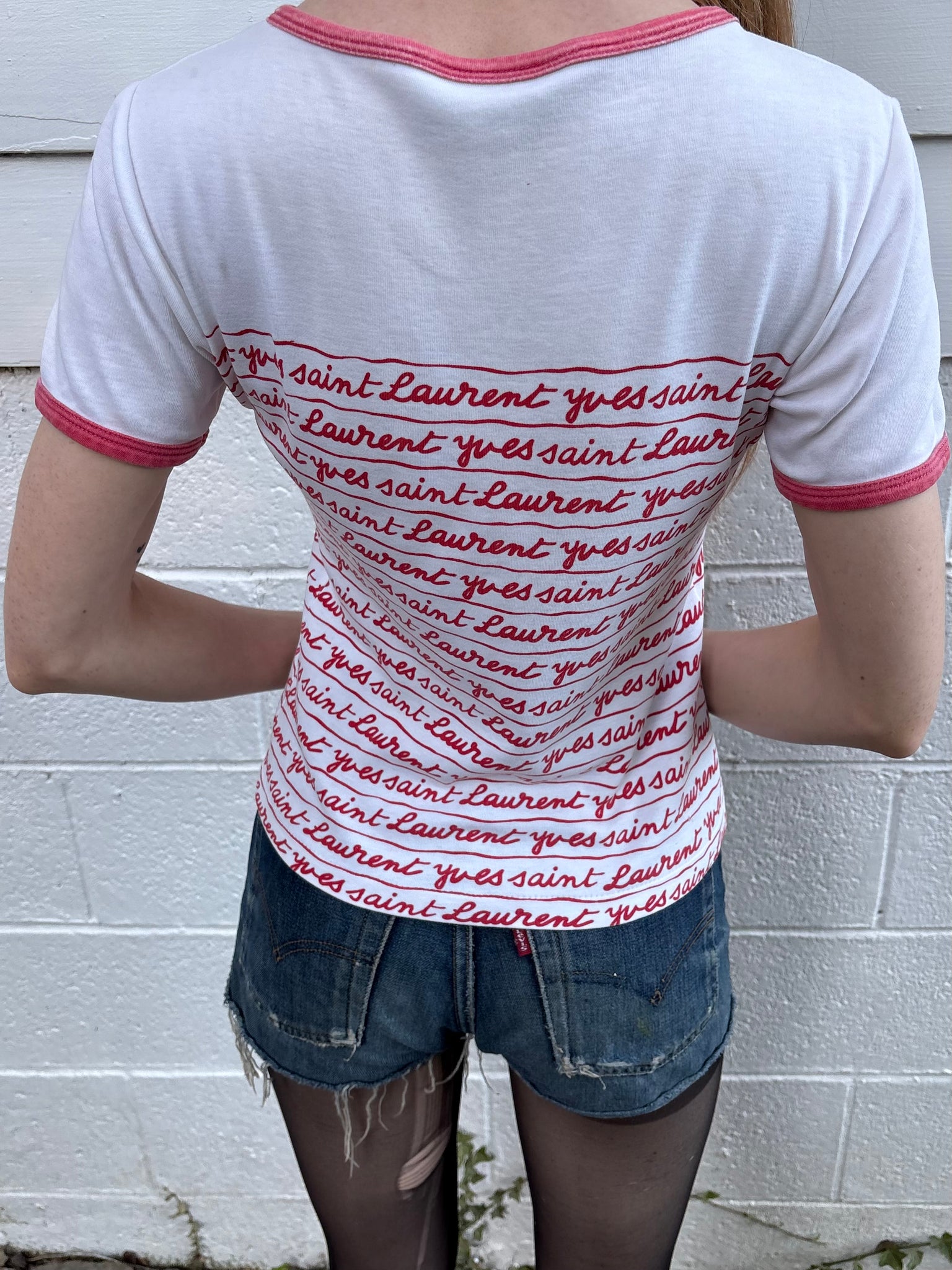 1980s Yves Saint Laurent Script Red White Ringer Tee T Shirt Short Sleeve
