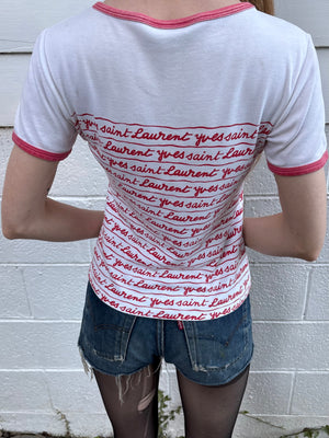 1980s Yves Saint Laurent Script Red White Ringer Tee T Shirt Short Sleeve