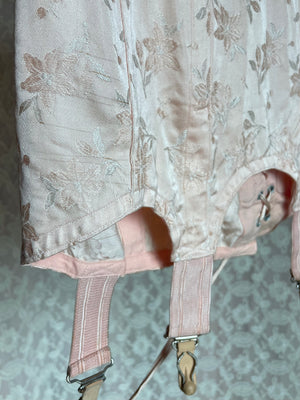 1940s Pale Pink Brocade Floral Rayon Corset