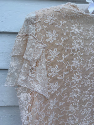 1930s Tambour Lace Bolero Leaf Embroidery Cream Peach Trim Ruffle Sleeve Tie Front Bed Jacket
