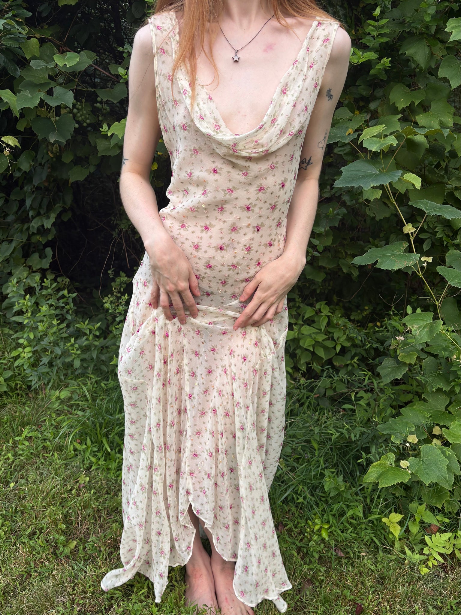 1990s Silk Chiffon Floral Cream Cowl Neck Bias Cut Slip Dress