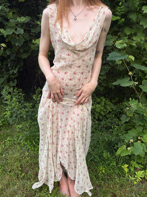 1990s Silk Chiffon Floral Cream Cowl Neck Bias Cut Slip Dress