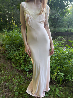 1940s Light Pink Rayon Jersey Bias Cut Slip Dress Cream Lace