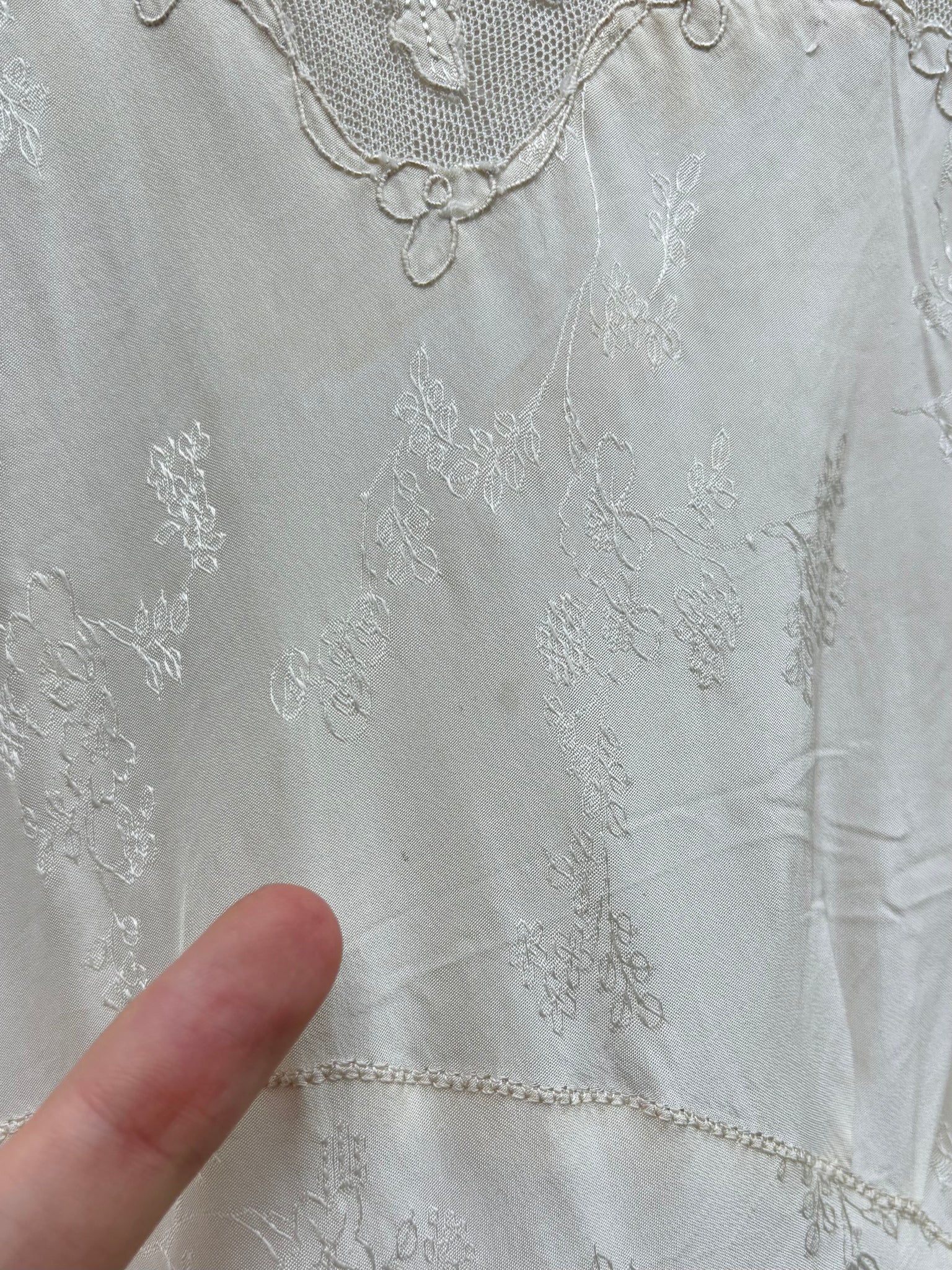 1940s Silk Brocade White Bias Cut Slip Dress Net Mesh Appliqué Lace Wedding Gown Open Sleeves