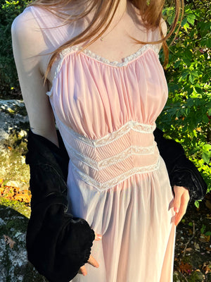 1940s Pink Nylon Sheer Lace Ruched Stomach Slip Dress Breath Of the Earth 1940s Pink Nylon Sheer Lace Ruched Stomach Slip Dress Breath Of the Earth