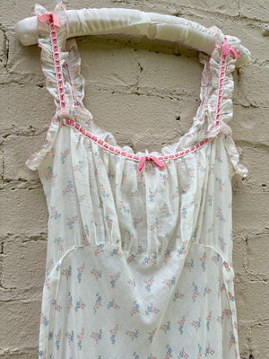 1930s White Cotton Floral Bias Cut Slip Dress Peignoir Set Puff Sleeves Pink Ribbon Rose Floral