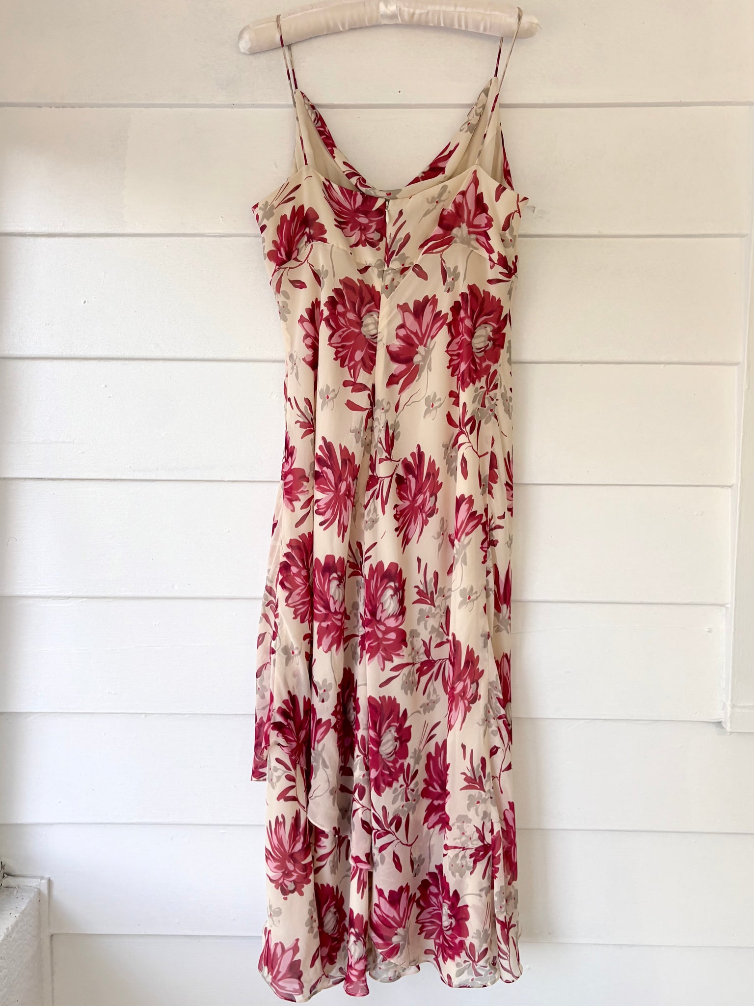 1990s Silk Floral Cream Cowl Neck Dress