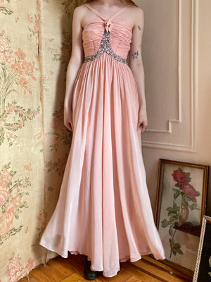 1940s Pale Blush Pink Rayon Chiffon Dress Gown Soutache Crystals