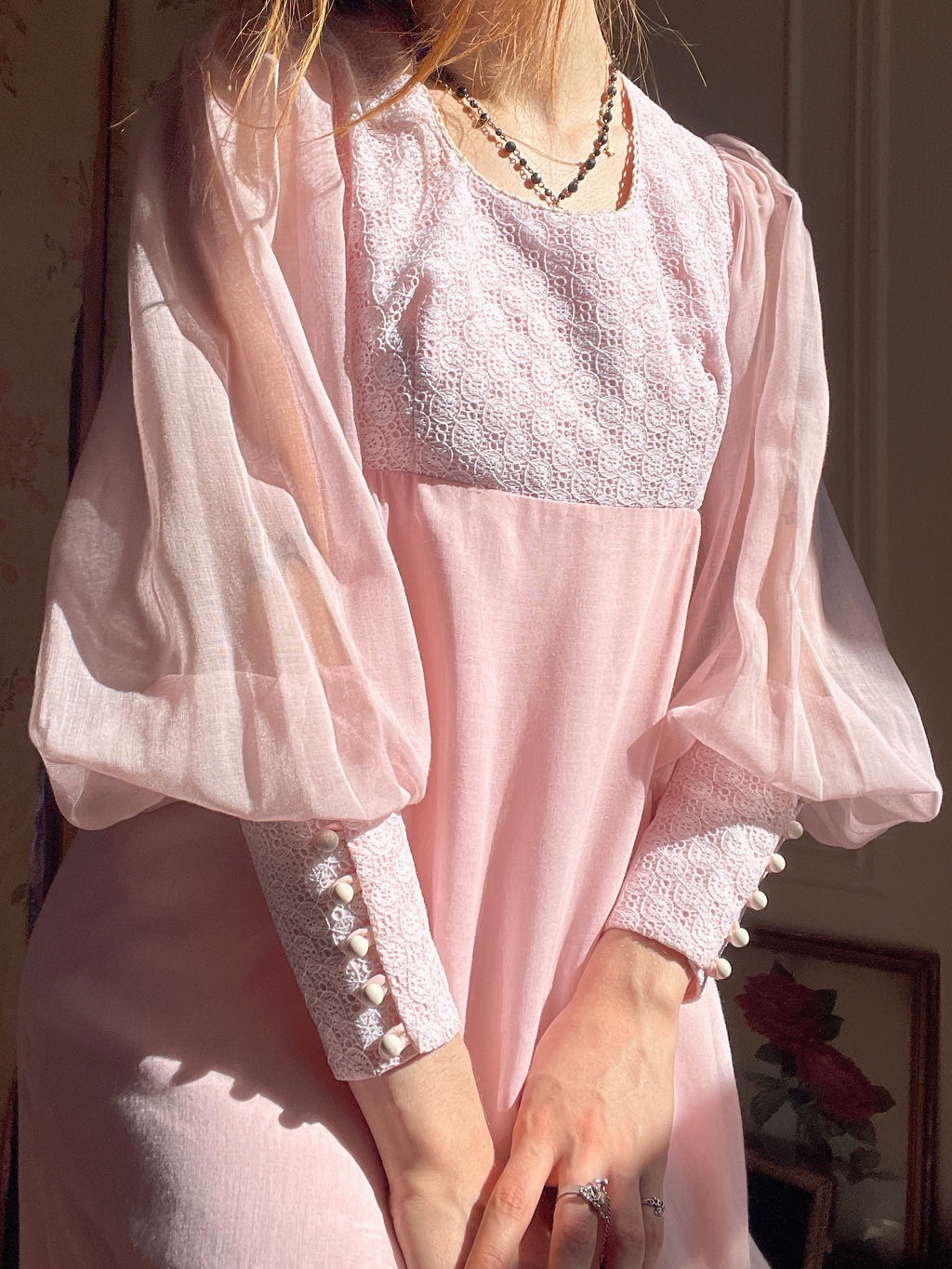1970s Pink Cotton Gauze Prairie Maxi Dress Balloon Sleeve By Candi Jones California