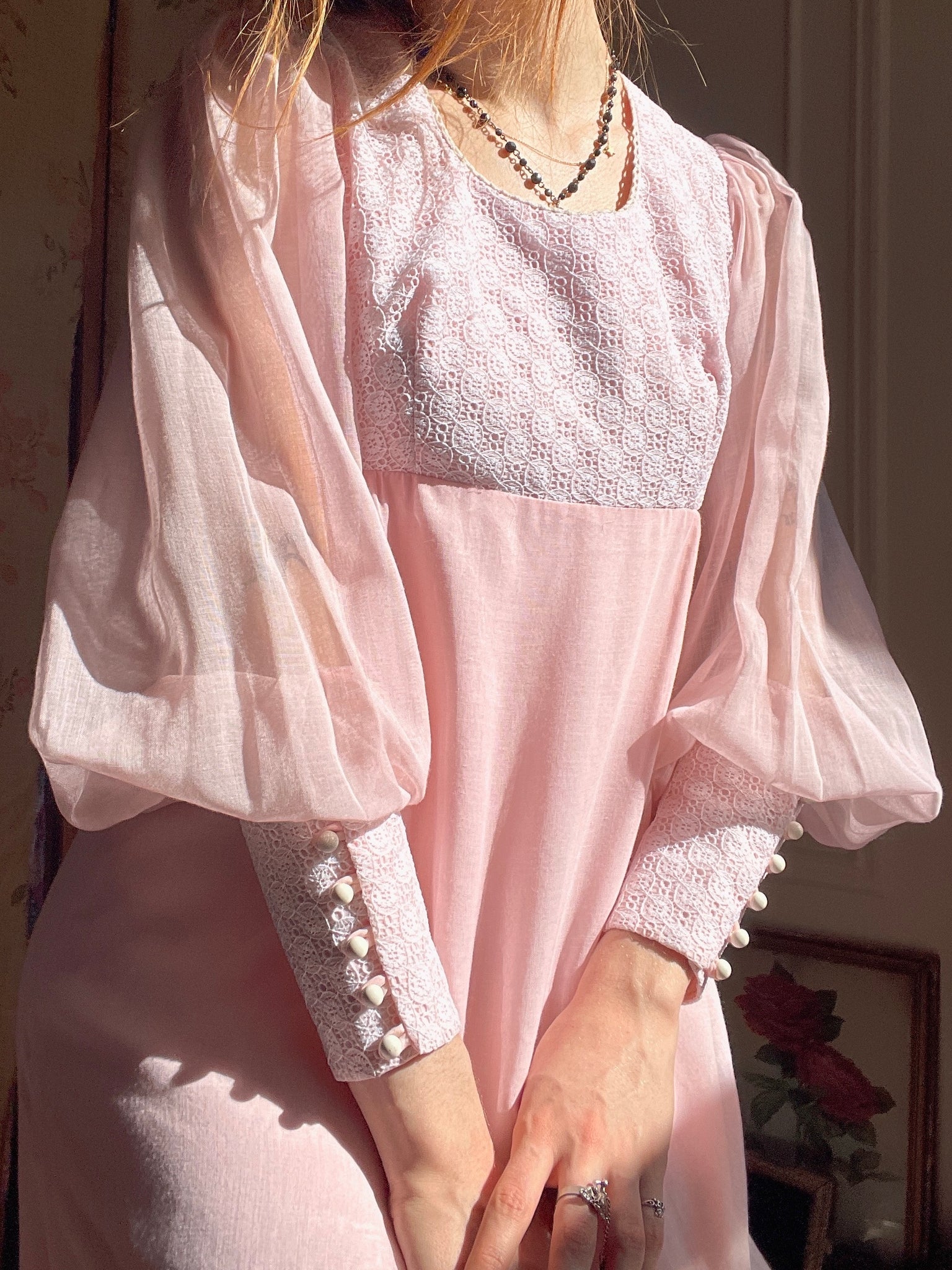 1970s Pink Cotton Gauze Prairie Maxi Dress Balloon Sleeve By Candi Jon Breath Of the Earth 1970s Pink Cotton Gauze Prairie Maxi Dress Balloon Sleeve By Candi Jon Breath Of the Earth