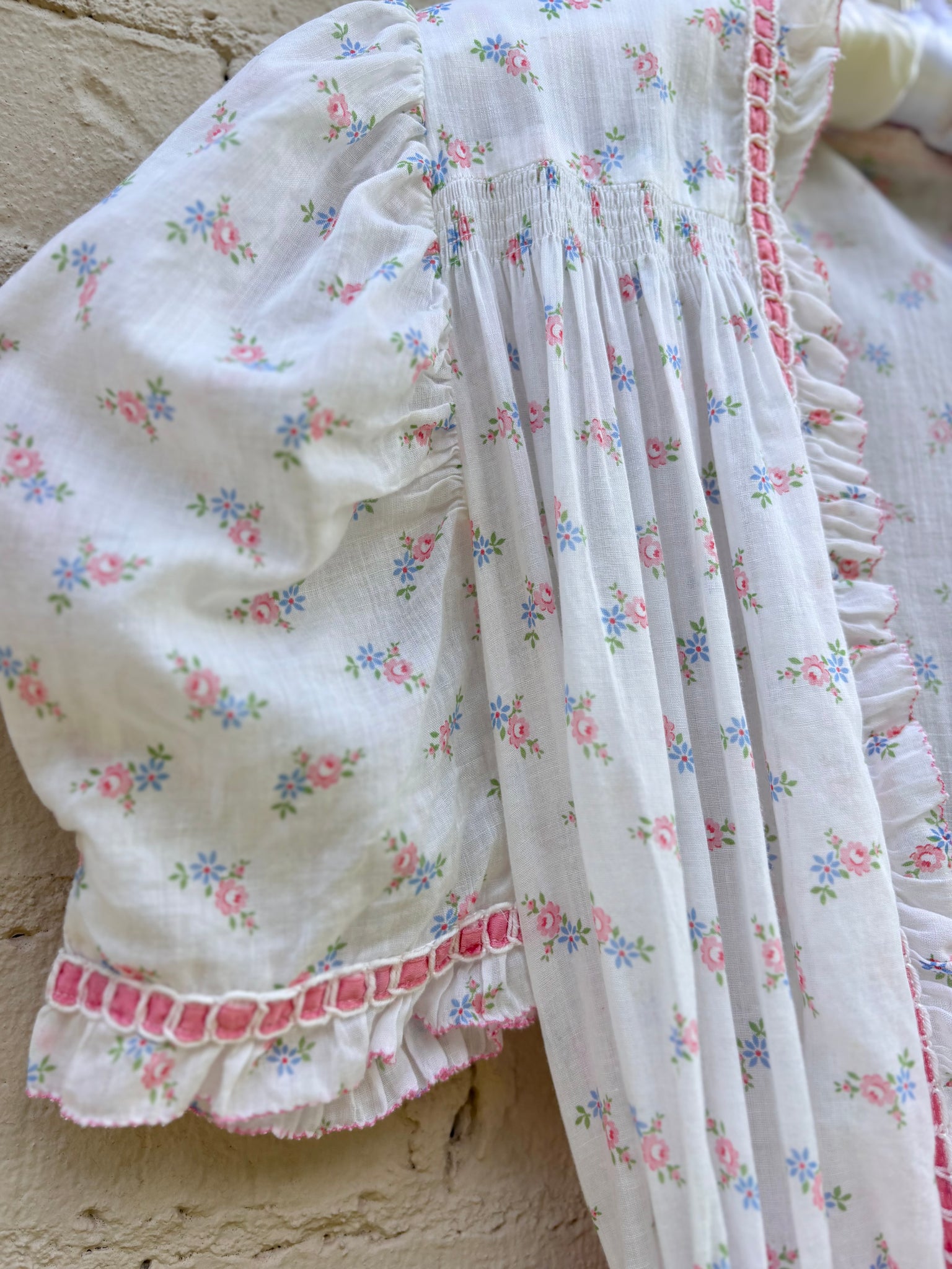 1930s White Cotton Floral Bias Cut Slip Dress Peignoir Set Puff Sleeves Pink Ribbon Rose Floral