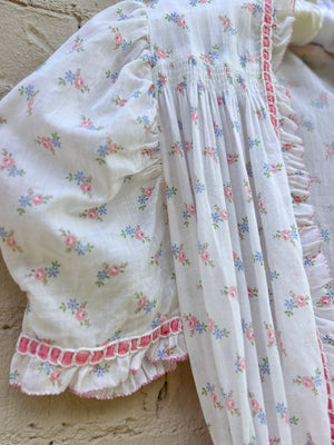1930s White Cotton Floral Bias Cut Slip Dress Peignoir Set Puff Sleeves Pink Ribbon Rose Floral