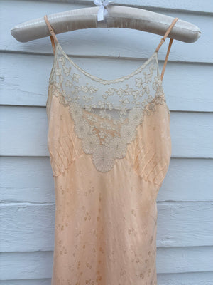 1940s Peach Brocade Silk Cream Net Floral Appliqué Bias Cut Slip Midi Dress