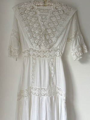 1900s Edwardian Rose Floral Embroidered White Cotton Dress Gown Wedding