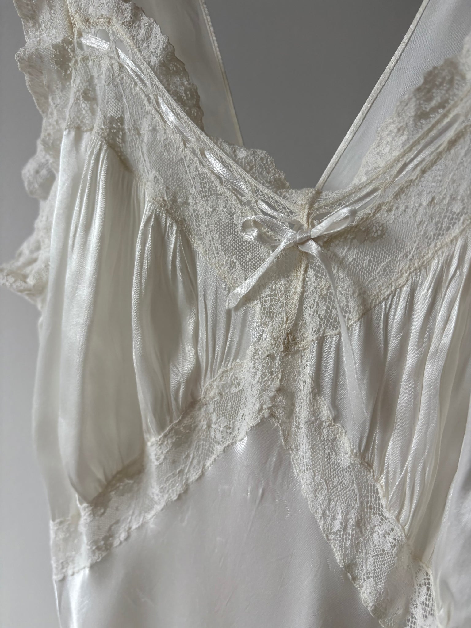 1940s Rayon Satin White Bias Cut Slip Dress Lace Wedding Gown