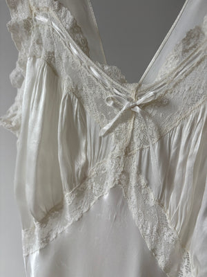 1940s Rayon Satin White Bias Cut Slip Dress Lace Wedding Gown