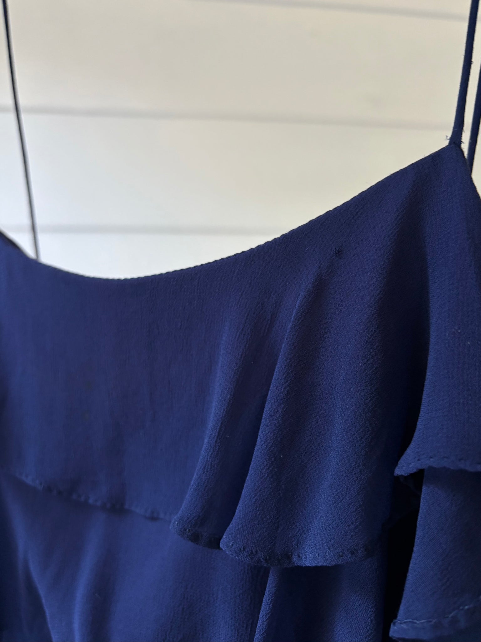 1980s Navy Blue Silk Chiffon Ruffle Cascade Dress Long Gown
