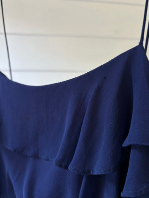 1980s Navy Blue Silk Chiffon Ruffle Cascade Dress Long Gown
