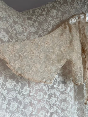 1930s Tambour Lace Bolero Ribbon Floral Flutter Sleeve Tie Front