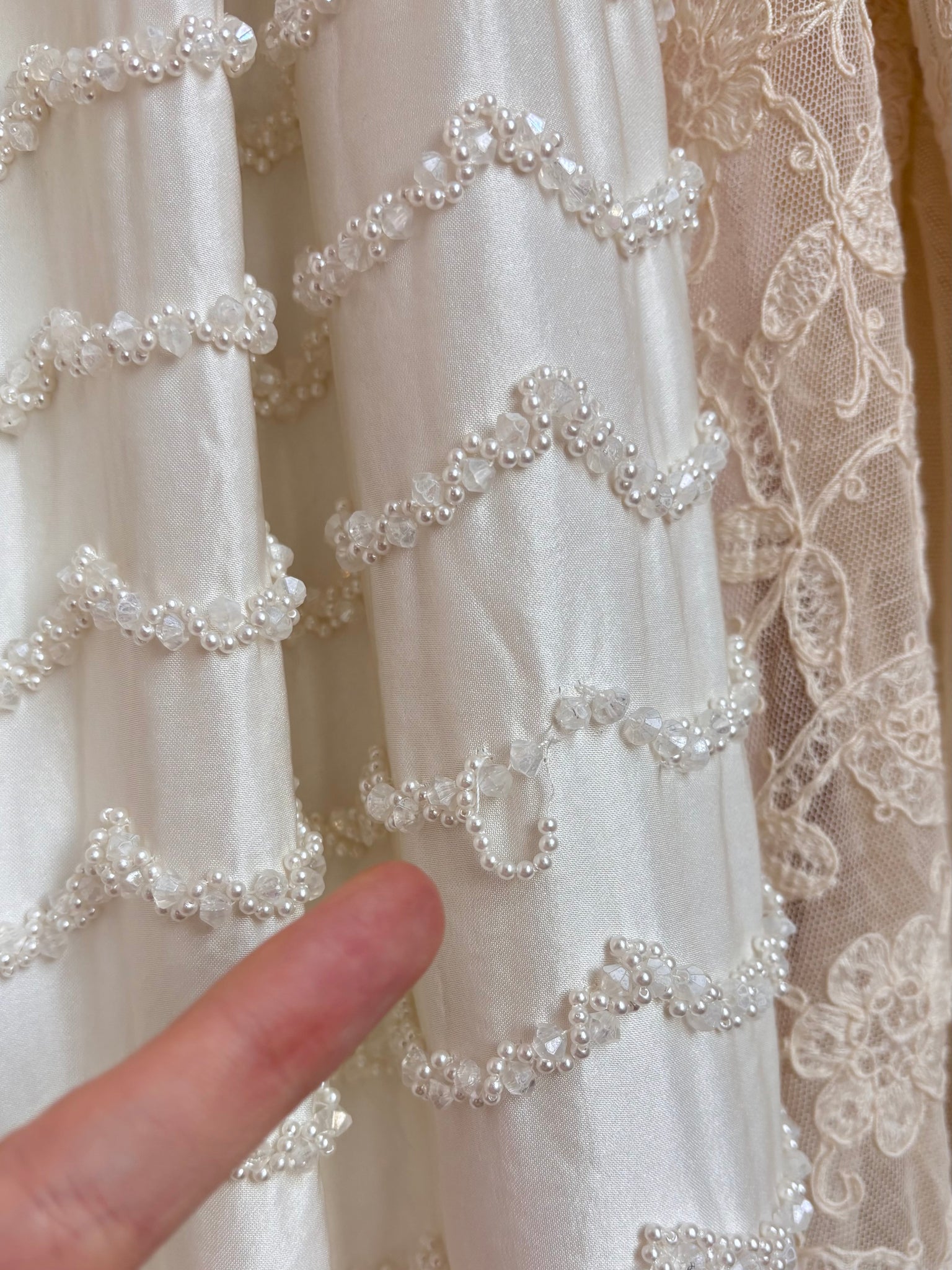 1960s White Satin Beaded Empire Waist Dress Wedding Gown