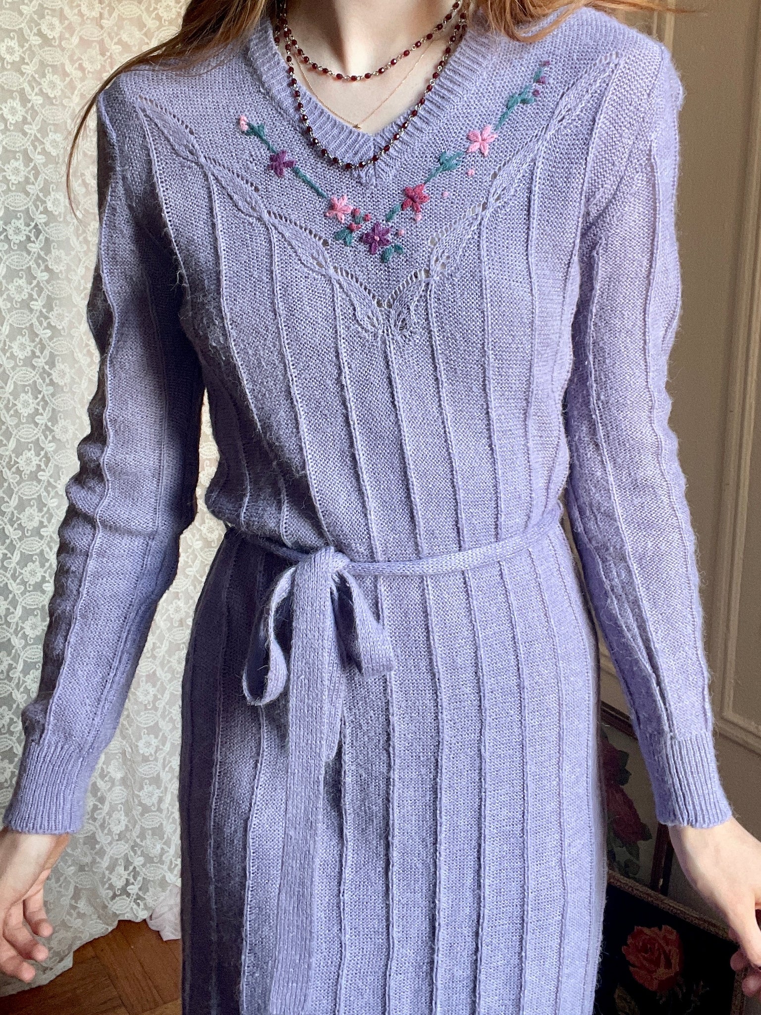 1970s Lavender Knit Sweater Dress Embroidered Floral Butterfly Breath Of the Earth 1970s Lavender Knit Sweater Dress Embroidered Floral Butterfly Breath Of the Earth