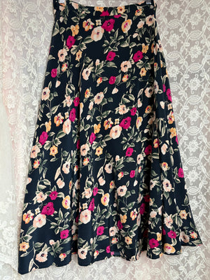 1990s Silk Floral Printed Wrap Midi Skirt Black Pink White