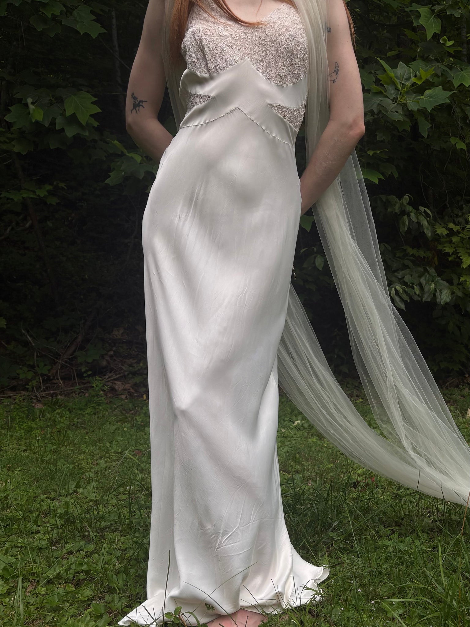 1940s Rayon White Lace Bodice Bias Cut Slip Dress Lace
