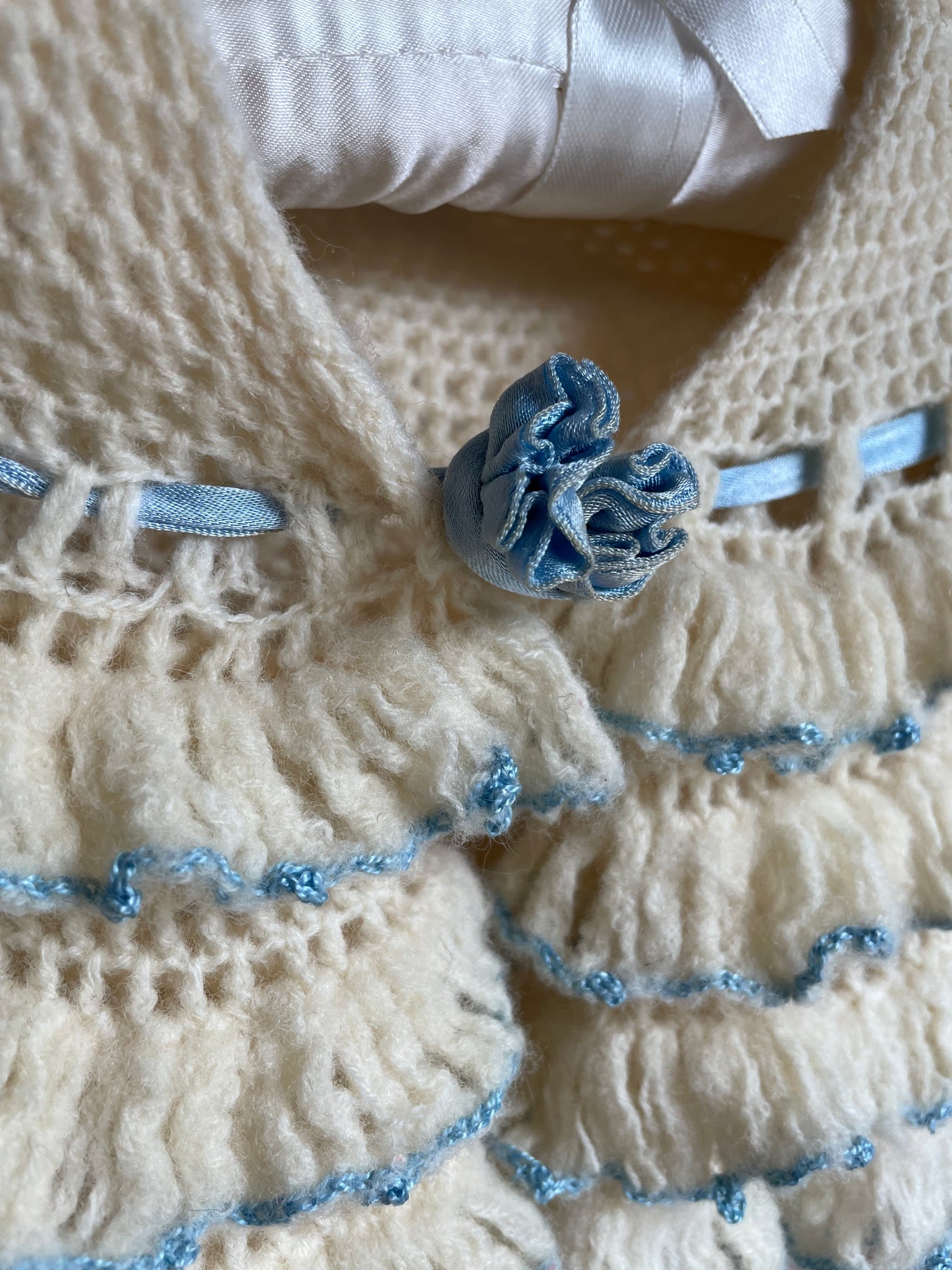 1950s Ruffle Cream Blue Crochet Cape