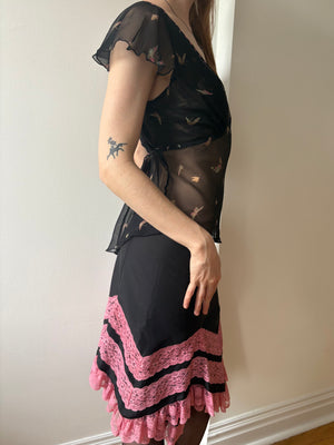 1990s Betsey Johnson Silk Black Mini Skirt Lace Ruffle
