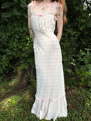 1930s White Cotton Floral Bias Cut Slip Dress Peignoir Set Puff Sleeves Pink Ribbon Rose Floral