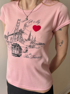 1980s San Francisco Pink Tee T Shirt Short Sleeve French Cut Heart