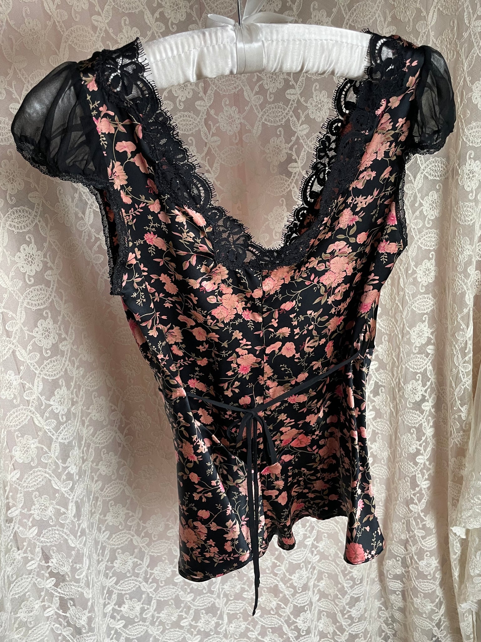 2000s Betsey Johnson Satin Blouse Black Floral Sheer Puff Sleeves