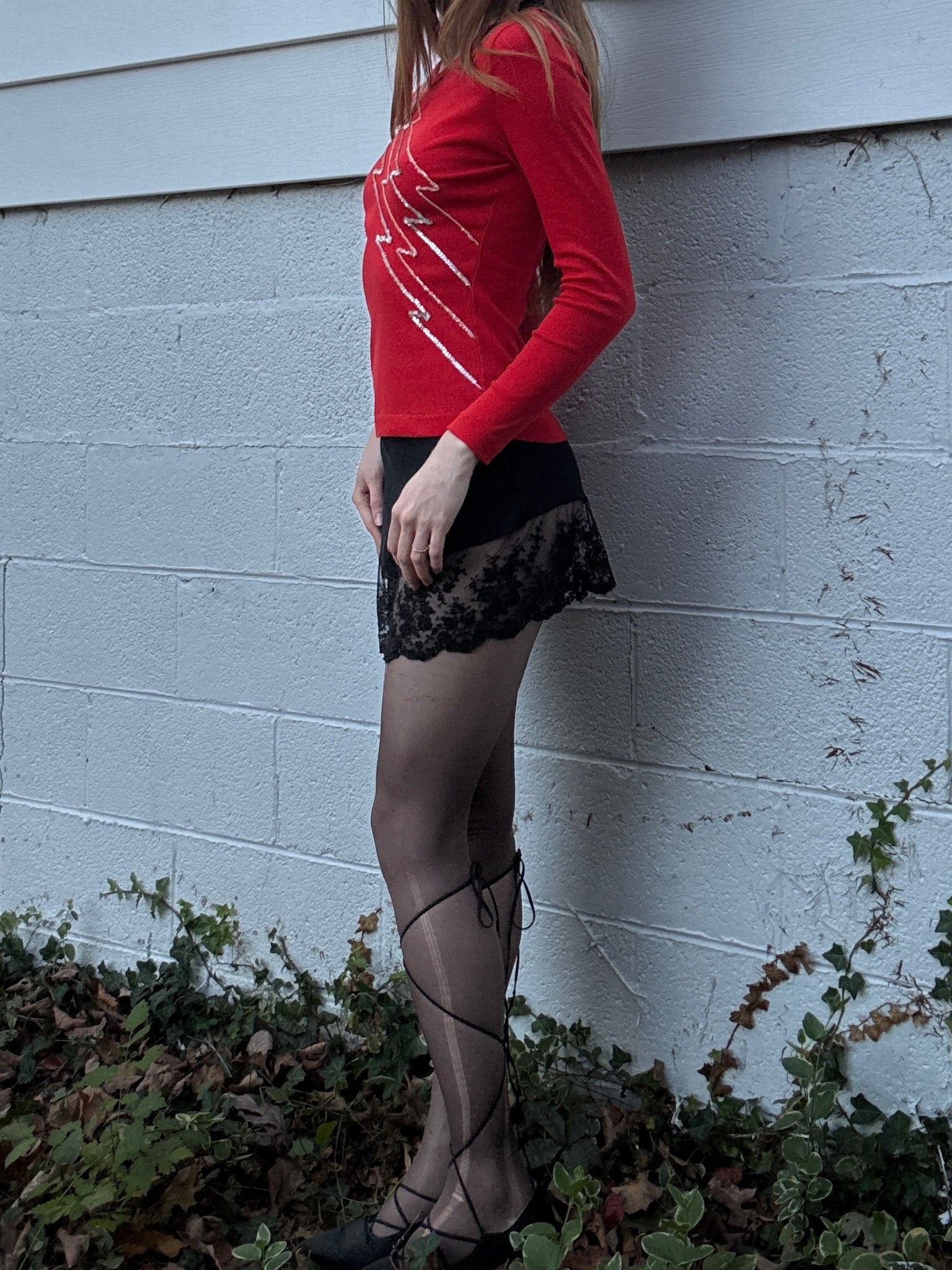 1970s Sequin Lightning Bolts Red Ribbed Tee T Shirt Long Sleeve Charlie’s Girls