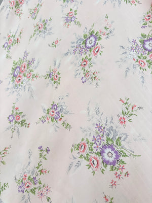 1940s Pink Rose Print Floral Bias Cut Slip Rayon Dress Short Sleeve Button